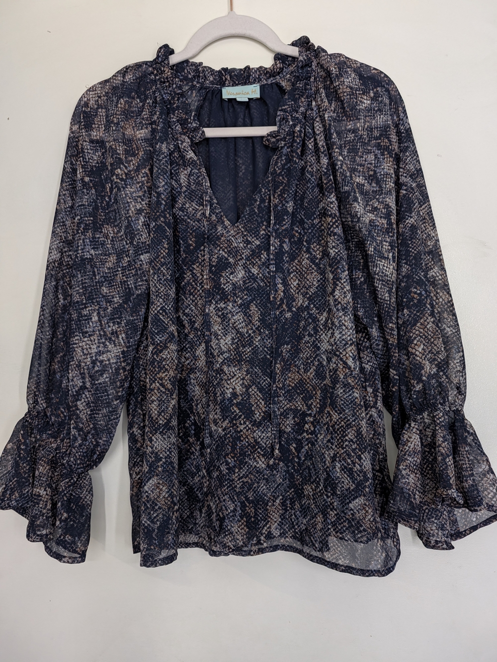 Veronica M Navy & Taupe Printed Ruffle Neck Blouse